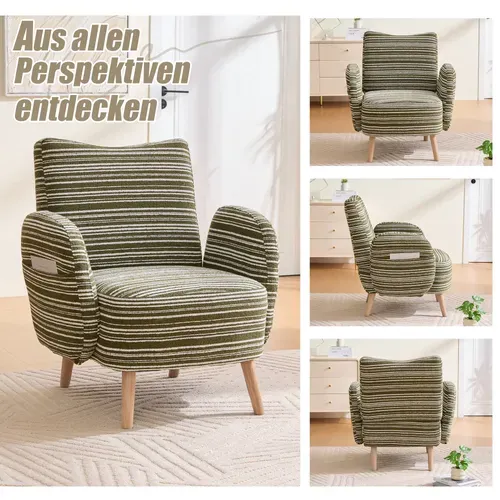 Fauteuil Moderne En Tissu à Motifs Circulaires Avec Poches Latérales Et Pieds En Bois, Vert Olive