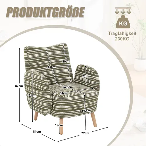 Fauteuil Moderne En Tissu à Motifs Circulaires Avec Poches Latérales Et Pieds En Bois, Vert Olive
