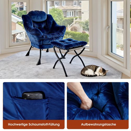 Fauteuil Relax Avec Repose-pieds Et Poche Latérale, Confortable Pour Salon Et Bureau, Bleu Foncé