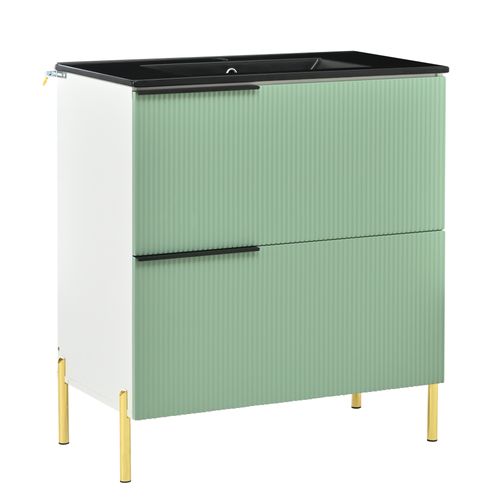 Meuble Sous-vasque Salle De Bain 81,5 Cm Avec Lavabo Céramique Et Rangements, Vert Moderne