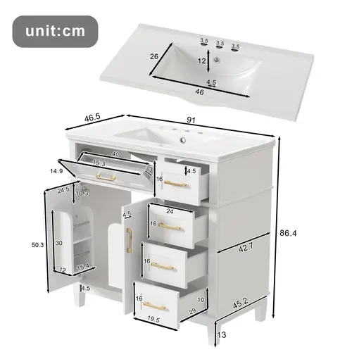 Meuble Salle De Bain Sur Pied 90 Cm Blanc Laqué Avec Vasque Céramique Et Rangements Multiples