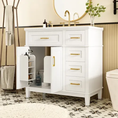 Meuble Salle De Bain Sur Pied 90 Cm Blanc Laqué Avec Vasque Céramique Et Rangements Multiples