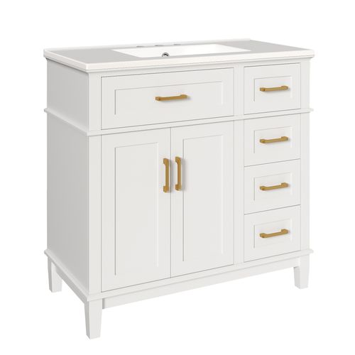 Meuble Salle De Bain Sur Pied 90 Cm Blanc Laqué Avec Vasque Céramique Et Rangements Multiples