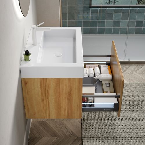 Meuble Vasque Mural 70 Cm Avec Lavabo Résine Blanc Et Placage Bois Naturel
