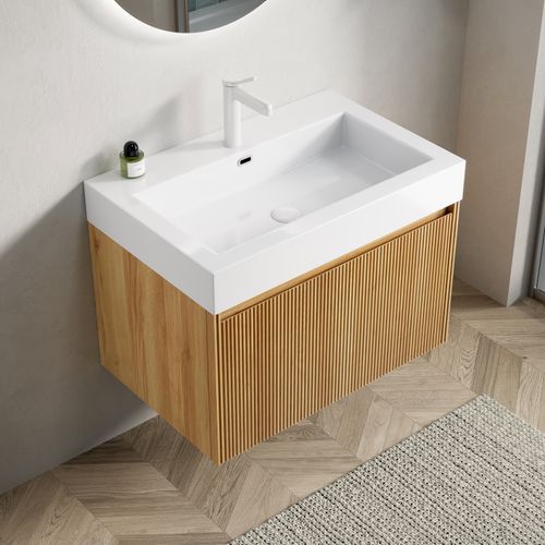 Meuble Vasque Mural 70 Cm Avec Lavabo Résine Blanc Et Placage Bois Naturel