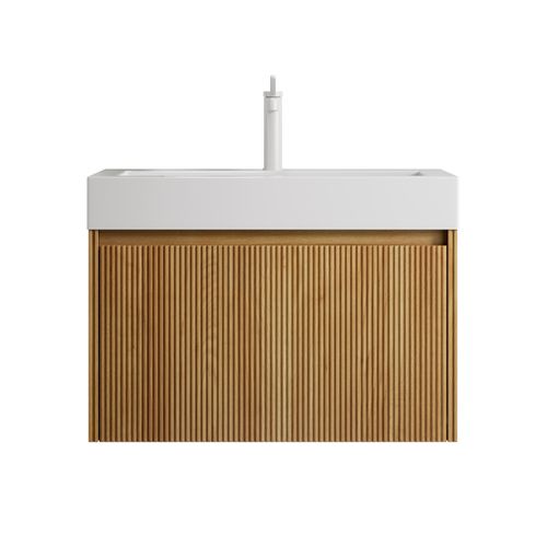 Meuble Vasque Mural 70 Cm Avec Lavabo Résine Blanc Et Placage Bois Naturel