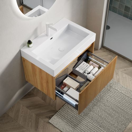Meuble Vasque Mural 70 Cm Avec Lavabo Résine Blanc Et Placage Bois Naturel