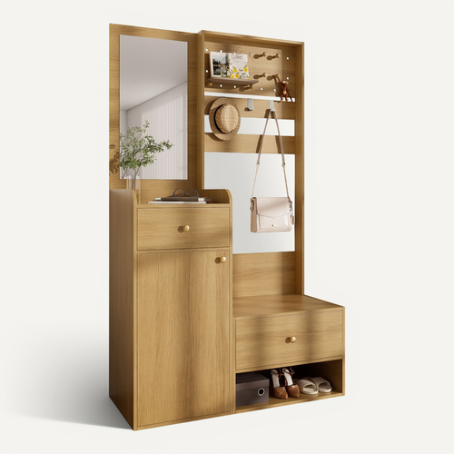 Vestiaire D’entrée Multifonctionnelle Avec Miroir, Crochets Réglables Et Tiroirs Bois