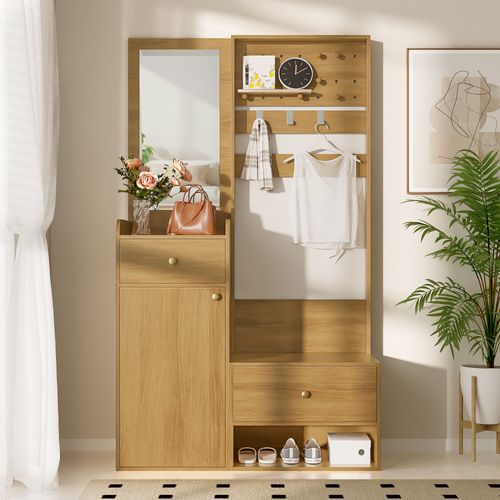 Vestiaire D’entrée Multifonctionnelle Avec Miroir, Crochets Réglables Et Tiroirs Bois