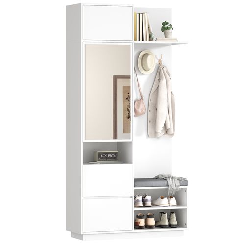 Vestiaire D’entrée Blanche Avec Miroir, Banc Et Rangement Chaussures