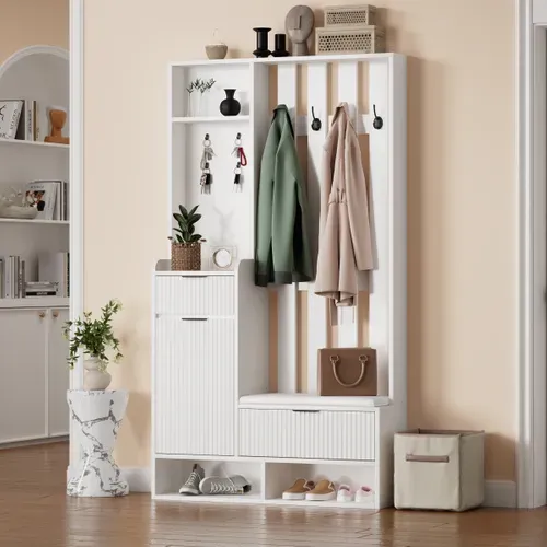 Vestiaire D’entrée Compact 6-en-1 Blanc 100 X 30 X 180 Cm Avec Banc, Tiroirs, Placard Et Crochets
