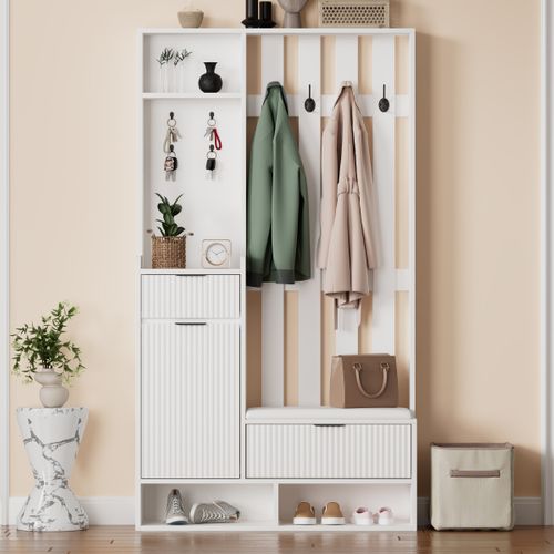 Vestiaire D’entrée Compact 6-en-1 Blanc 100 X 30 X 180 Cm Avec Banc, Tiroirs, Placard Et Crochets