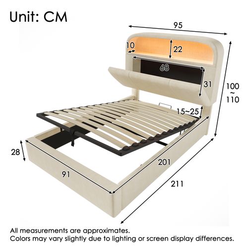 Lit Simple 90x200 Cm Avec Tête Réglable, LED, USB-c Et Matelas Inclus