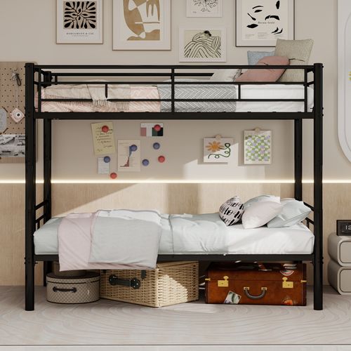 Lit Superposé Métal Twin 90x190 Convertible En Deux Lits, Avec échelle Sécurisée, Noir