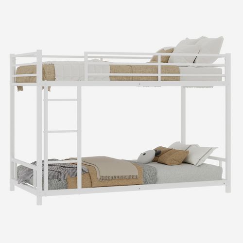Lit Superposé Métal 90x190 Moderne, Robuste, Silencieux Avec échelle Et Garde-corps, Blanc