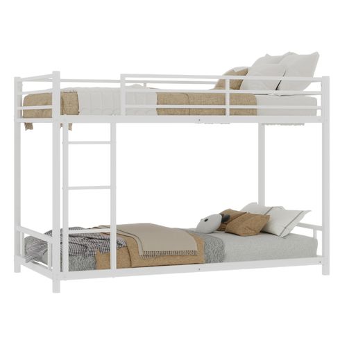 Lit Superposé Métal 90x190 Moderne, Robuste, Silencieux Avec échelle Et Garde-corps, Blanc