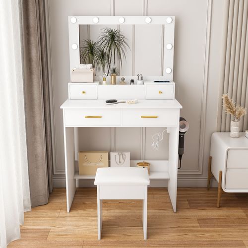 Coiffeuse Blanche Avec LED 3 Couleurs, 4 Tiroirs, Prise Et Support Sèche-cheveux
