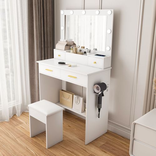 Coiffeuse Blanche Avec LED 3 Couleurs, 4 Tiroirs, Prise Et Support Sèche-cheveux