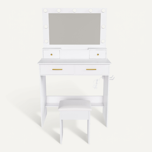 Coiffeuse Blanche Avec LED 3 Couleurs, 4 Tiroirs, Prise Et Support Sèche-cheveux