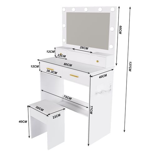 Coiffeuse Blanche Avec LED 3 Couleurs, 4 Tiroirs, Prise Et Support Sèche-cheveux