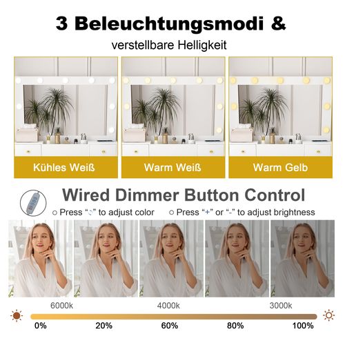 Coiffeuse Blanche Avec LED 3 Couleurs, 4 Tiroirs, Prise Et Support Sèche-cheveux