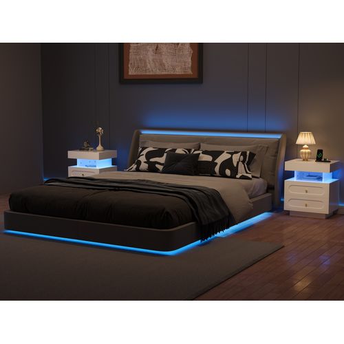Table De Chevet Blanche Avec LED, 2 Tiroirs Et Rangement Ouvert Pratique, Lot De 2