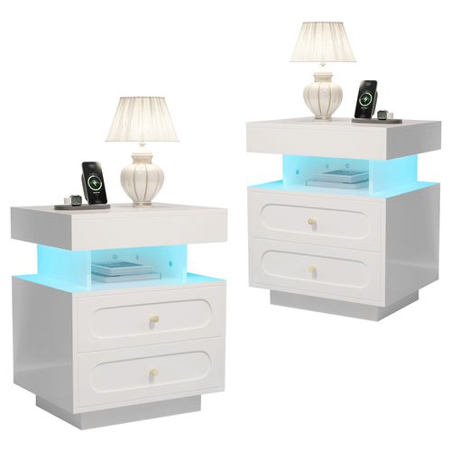 Table De Chevet Blanche Avec LED, 2 Tiroirs Et Rangement Ouvert Pratique, Lot De 2
