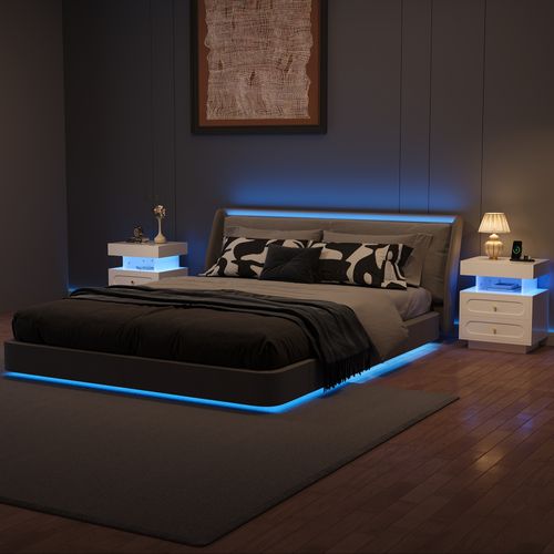 Table De Chevet Blanche Avec LED, 2 Tiroirs Et Rangement Ouvert Pratique, Lot De 2