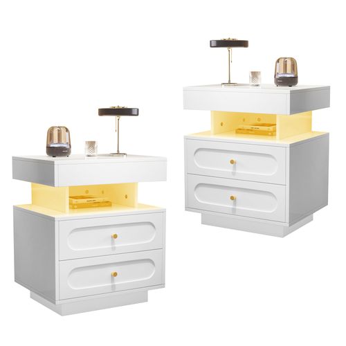 Table De Chevet Blanche Avec LED, 2 Tiroirs Et Rangement Ouvert Pratique, Lot De 2
