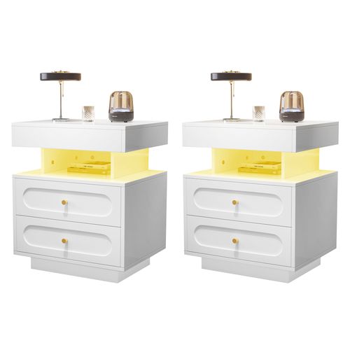 Table De Chevet Blanche Avec LED, 2 Tiroirs Et Rangement Ouvert Pratique, Lot De 2