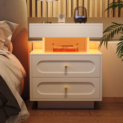 Table De Chevet Blanche Avec LED, 2 Tiroirs Et Rangement Ouvert Pratique, Lot De 2