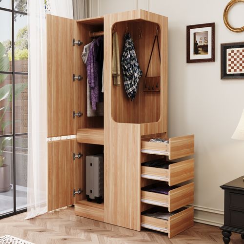 Armoire 70x40x170 Cm Avec Tiroirs Et Penderie Ouverte, Design Une Porte, Bois