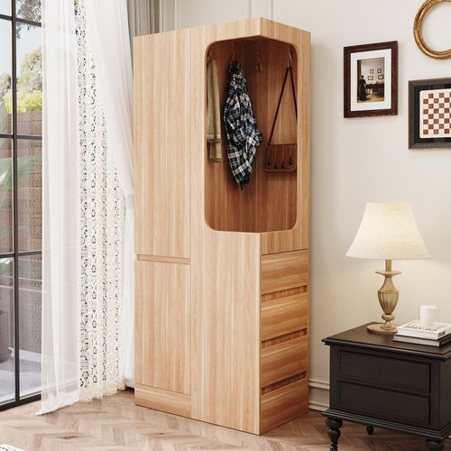 Armoire 70x40x170 Cm Avec Tiroirs Et Penderie Ouverte, Design Une Porte, Bois
