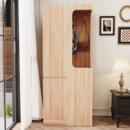 Armoire 70x40x170 Cm Avec Tiroirs Et Penderie Ouverte, Design Une Porte, Bois