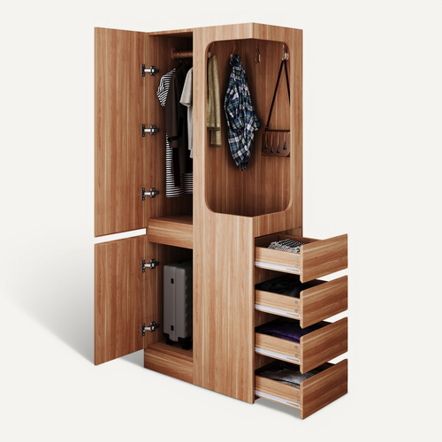 Armoire 70x40x170 Cm Avec Tiroirs Et Penderie Ouverte, Design Une Porte, Bois