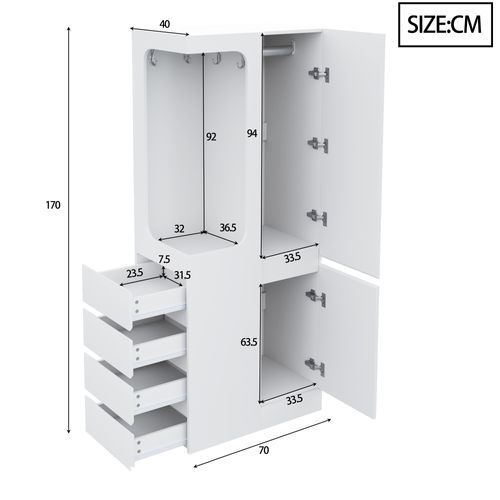 Armoire 70x40x170 Cm Avec Tiroirs Et Penderie Ouverte, Design à Une Porte, Blanc