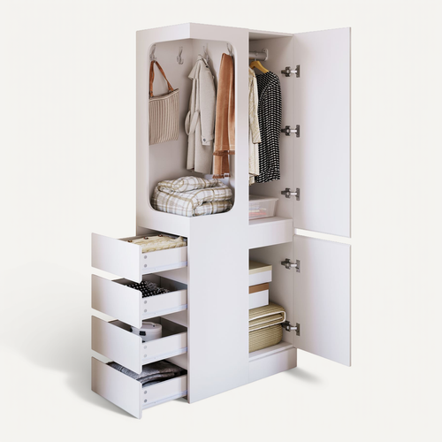 Armoire 70x40x170 Cm Avec Tiroirs Et Penderie Ouverte, Design à Une Porte, Blanc