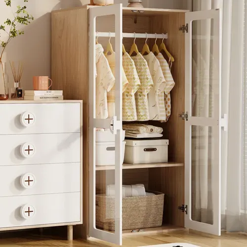 Armoire Enfant 2 Portes Avec Penderie Et étagères Réglables, Blanc Et Bois, 80x50x150 Cm