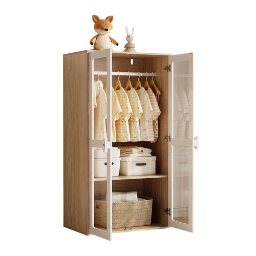 Armoire Enfant Avec Penderie Et étagères Réglables, Blanc Et Bois, 80x50x150 Cm, Lot De 2