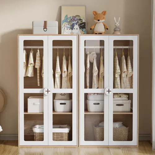 Armoire Enfant Avec Penderie Et étagères Réglables, Blanc Et Bois, 80x50x150 Cm, Lot De 2