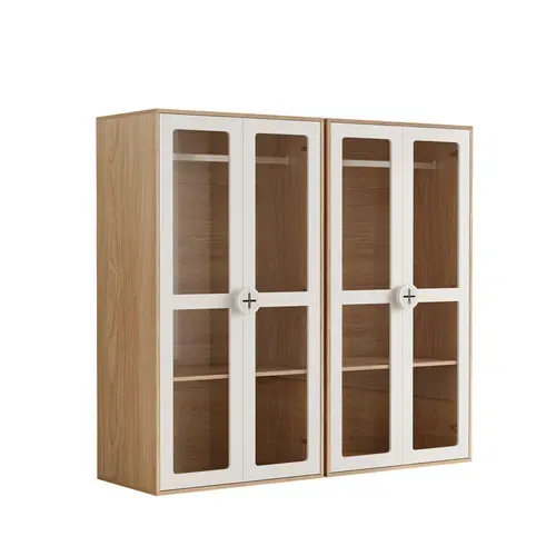 Armoire Enfant Avec Penderie Et étagères Réglables, Blanc Et Bois, 80x50x150 Cm, Lot De 2