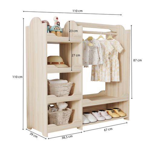 Garde-robe Enfant Avec Penderie Et 4 Étagères, Bois Naturel, 110x39x110 Cm