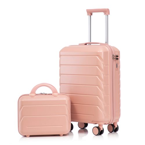 Set De Valises Abs 2 Pièces Avec Roulettes 360°, Cadenas Et Trousse Cosmétique 14", Rose