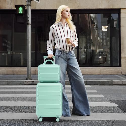 Set De Valises Abs 2 Pièces Avec Roulettes 360°, Cadenas Et Trousse Cosmétique 14", Vert Menthe