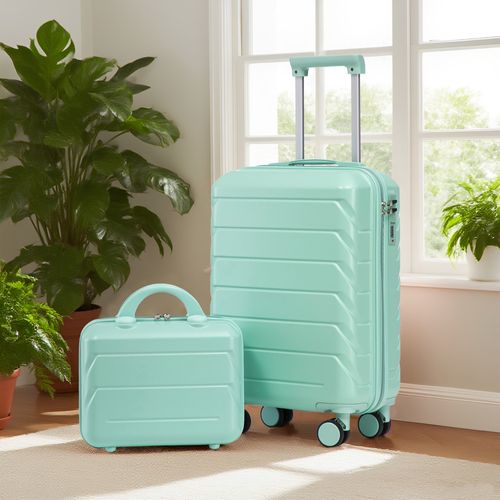 Set De Valises Abs 2 Pièces Avec Roulettes 360°, Cadenas Et Trousse Cosmétique 14", Vert Menthe