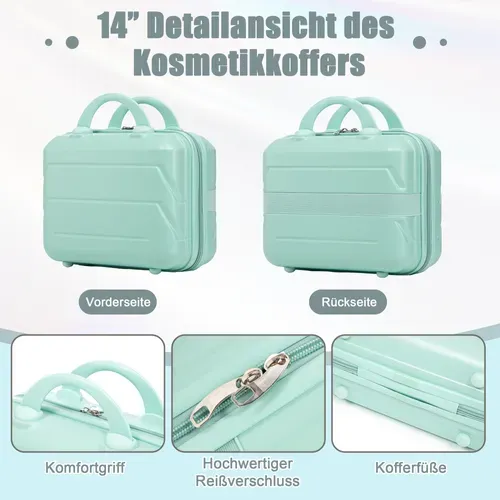 Set De Valises Abs 2 Pièces Avec Roulettes 360°, Cadenas Et Trousse Cosmétique 14", Vert Menthe