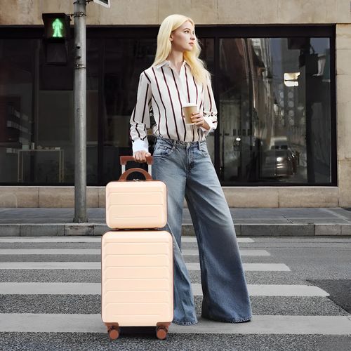 Set De Valises Abs 2 Pièces Avec Roulettes 360°, Cadenas Et Trousse Cosmétique 14", Beige