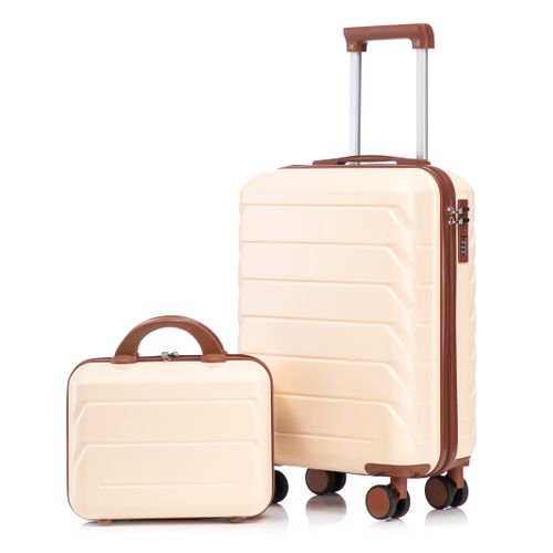 Set De Valises Abs 2 Pièces Avec Roulettes 360°, Cadenas Et Trousse Cosmétique 14", Beige