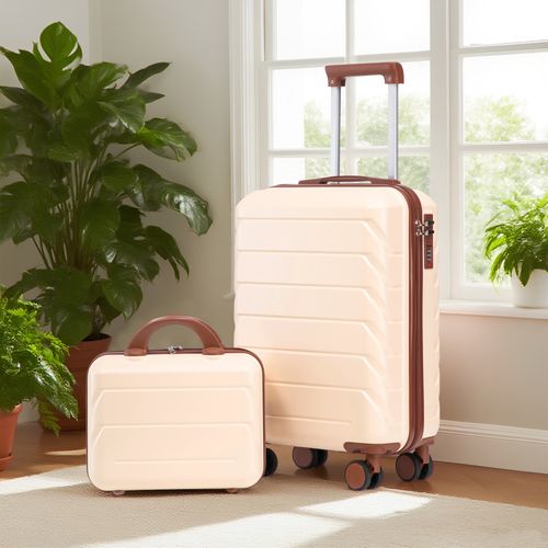 Set De Valises Abs 2 Pièces Avec Roulettes 360°, Cadenas Et Trousse Cosmétique 14", Beige