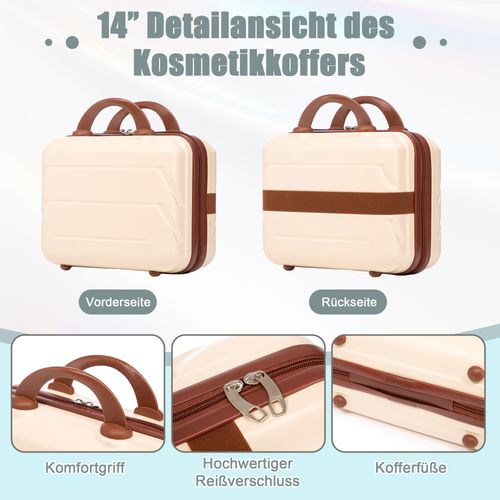 Set De Valises Abs 2 Pièces Avec Roulettes 360°, Cadenas Et Trousse Cosmétique 14", Beige